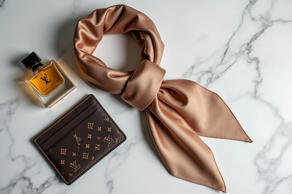 Flat-lay d'accessoires de luxe de grandes maisons concurrentes sur marbre blanc, illustrant la rivalité dans le secteur du luxe mondial face à Louis Vuitton