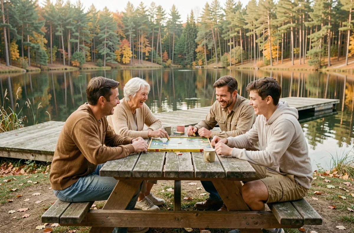 Famille multigénérationnelle jouant à un jeu de société autour d'une table en bois au bord d'un lac lors d'un voyage en plein air