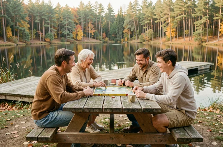 Famille multigénérationnelle jouant à un jeu de société autour d'une table en bois au bord d'un lac lors d'un voyage en plein air