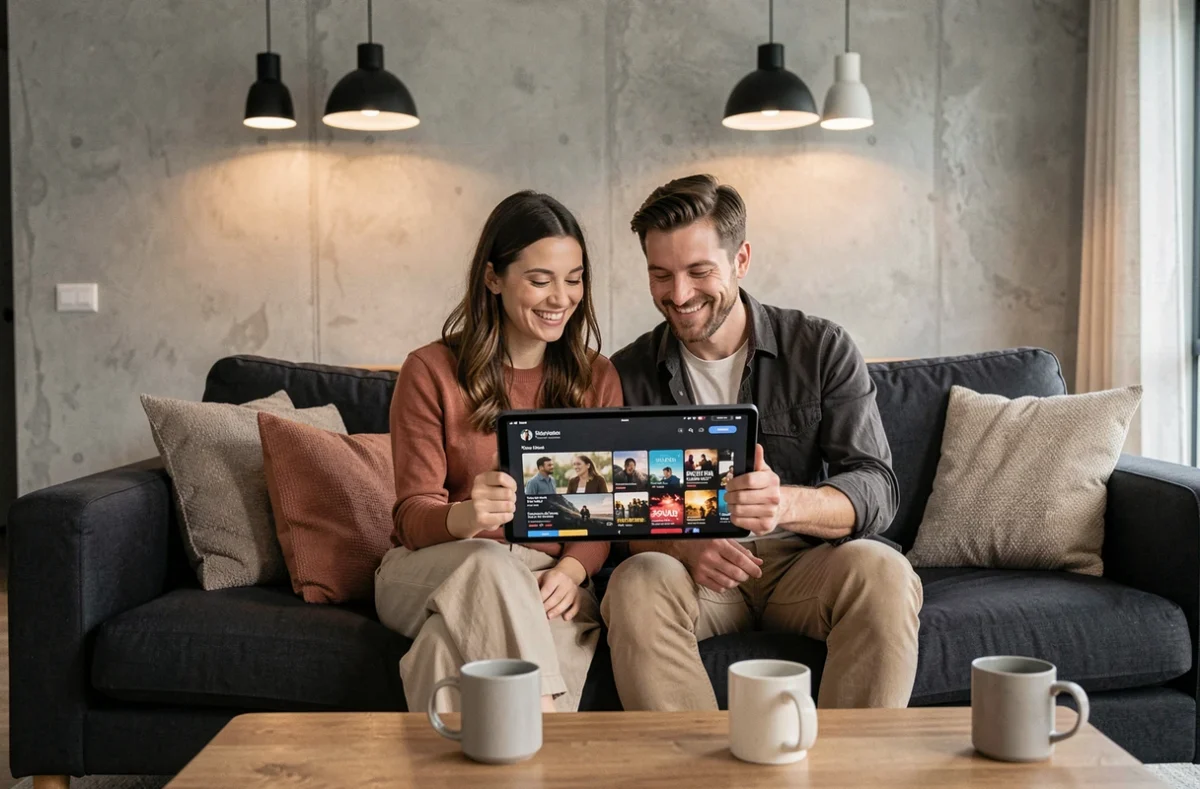 Deux amis regardant ensemble des films en ligne sur une tablette depuis leur appartement moderne