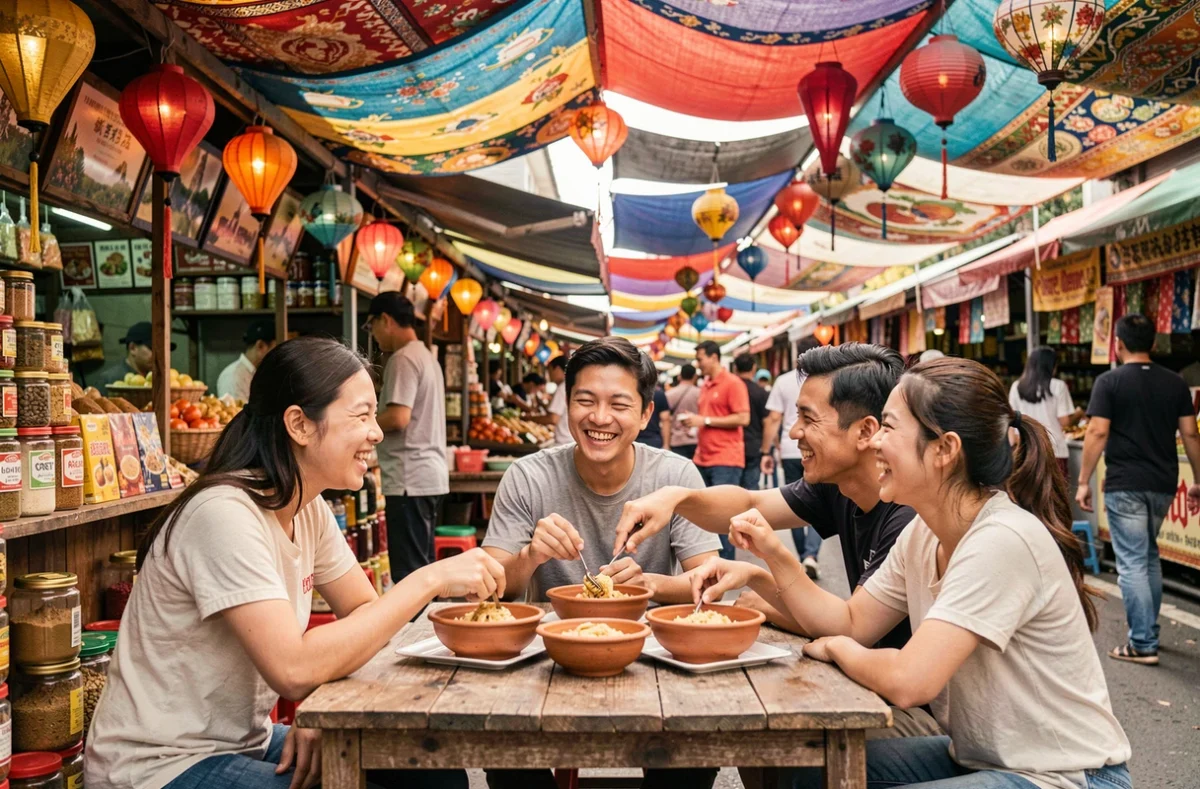 Groupe d'amis partageant des spécialités locales dans un marché animé en Asie du Sud-Est
