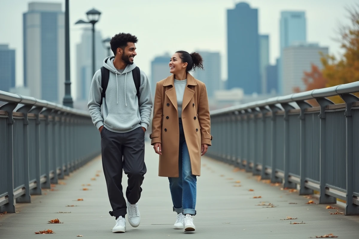 Deux amis marchant ensemble sur un pont urbain en automne, symbole de leur parcours commun et de leur amitié sans frontières