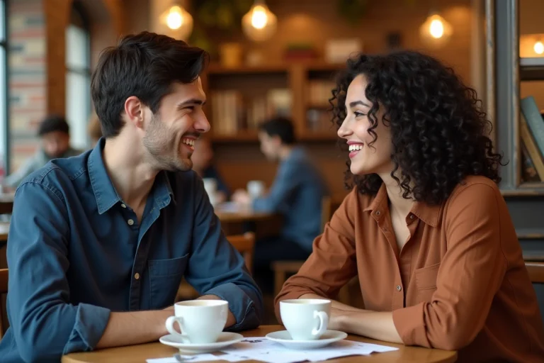 Moustafa El Oudi et Marwa Cheikh en conversation animée dans un café parisien, illustrant une amitié interculturelle profonde