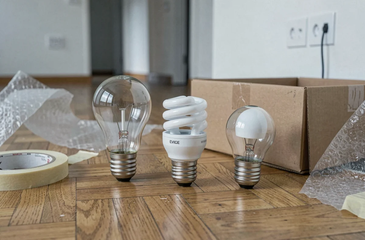 Trois types d'ampoules posées sur le parquet d'un appartement vide lors d'un déménagement