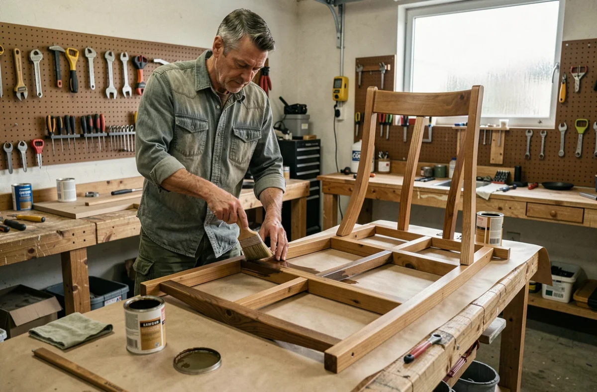 Homme appliquant une teinture sur une chaise en bois démontée dans un atelier garage