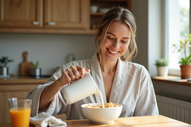 Femme versant du lait dans un bol de céréales Special K le matin dans une cuisine en bois chaleureuse