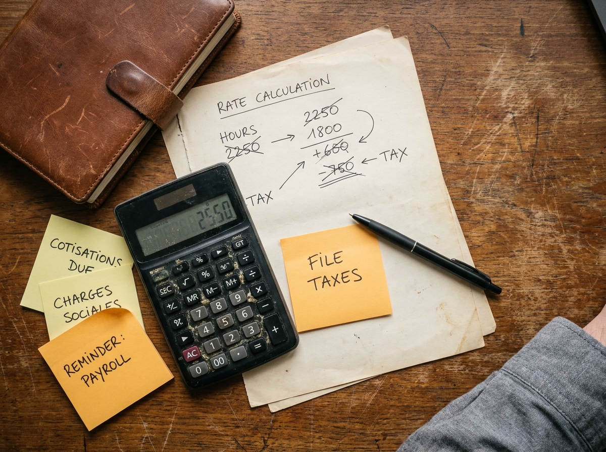 Vue aérienne d'un bureau avec calculs manuscrits de taux journalier, calculatrice et notes de charges pour indépendant