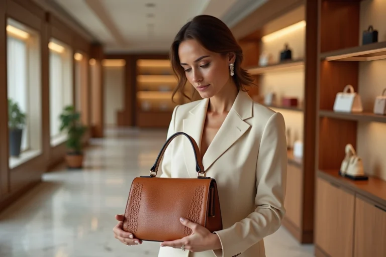 Femme élégante examinant un sac en cuir de luxe dans une boutique haut de gamme, évoquant les grandes maisons rivales de Louis Vuitton