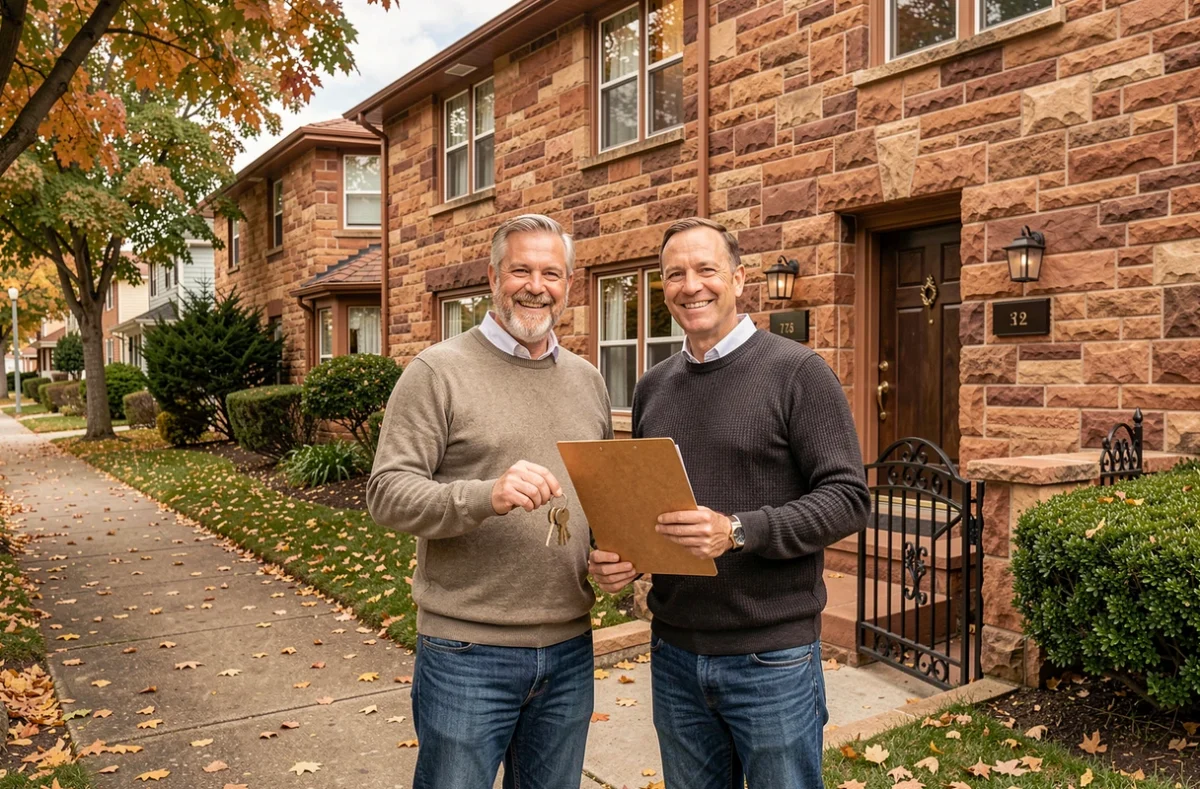 Couple souriant devant leur nouvelle maison en pierre avec des clés et des documents immobiliers à la main