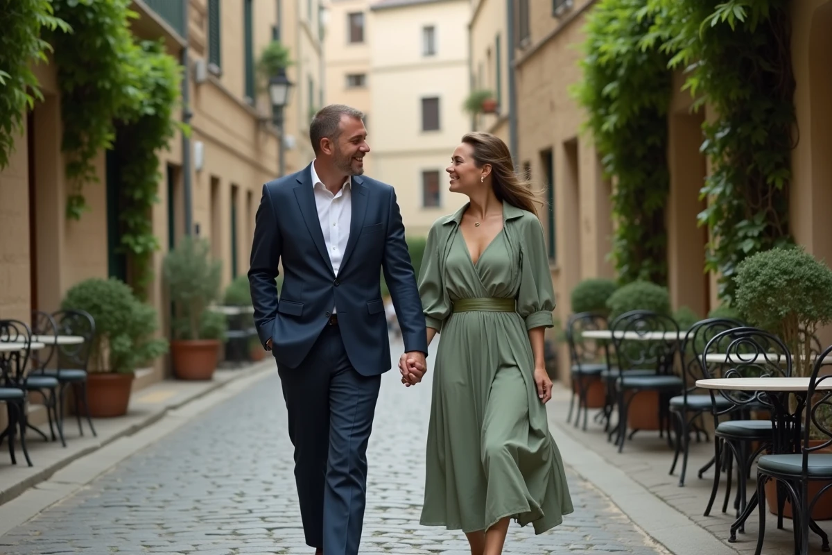 Couple élégant se promenant dans une rue pavée européenne, évoquant la vie de couple et l'intimité d'une personnalité publique