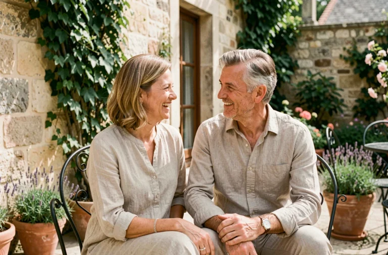 Couple élégant partageant un moment complice sur une terrasse en pierre française, illustrant la vie privée et le bonheur conjugal