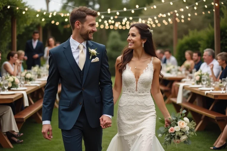Couple de mariés souriants dans un jardin lors d'un mariage