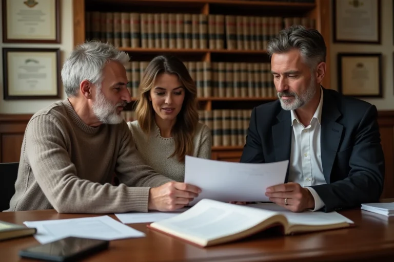 Un couple discute des frais d'hypothèque avec un notaire dans un bureau officiel lors d'un achat immobilier