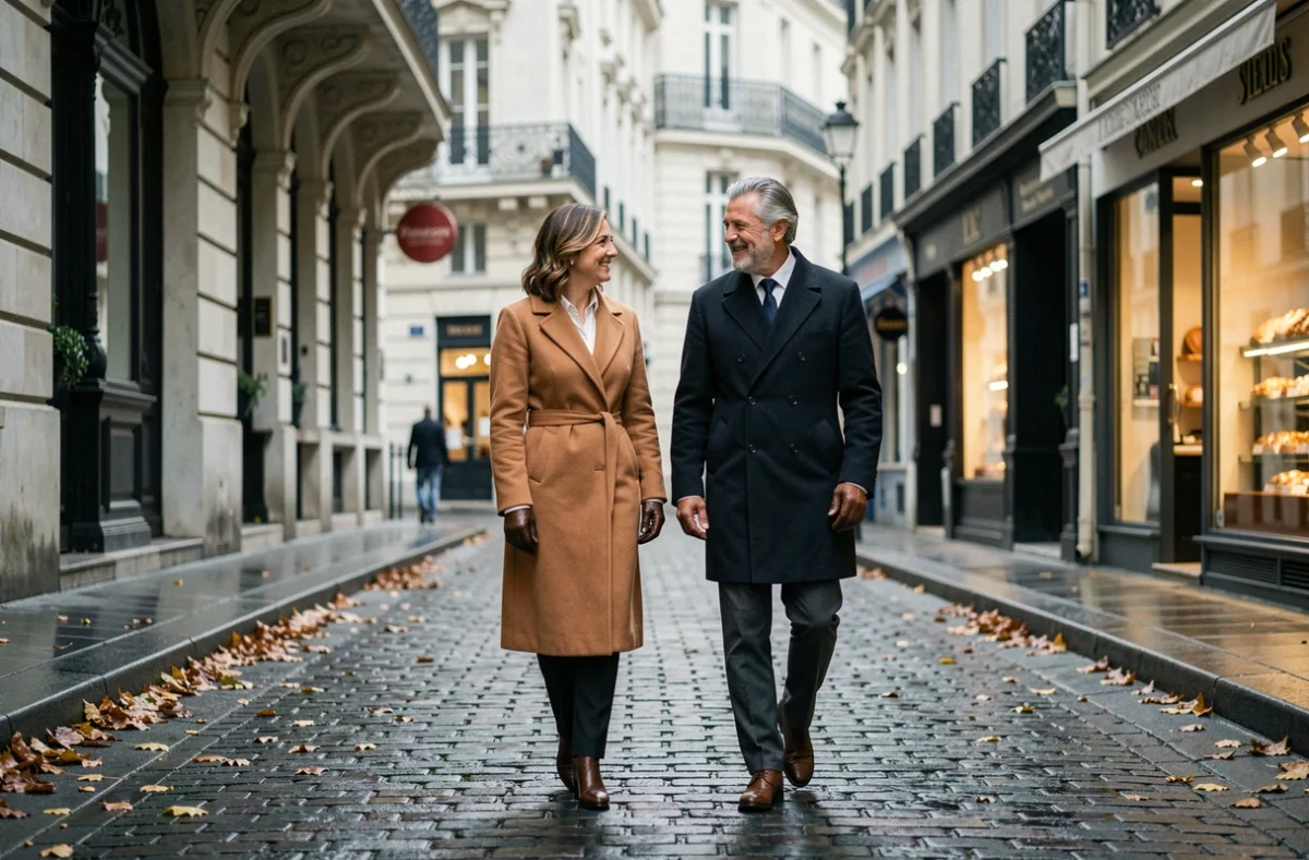 Couple se promenant bras dessus bras dessous dans une rue pavée parisienne en automne, image illustrant la complicité et la vie de couple discrète