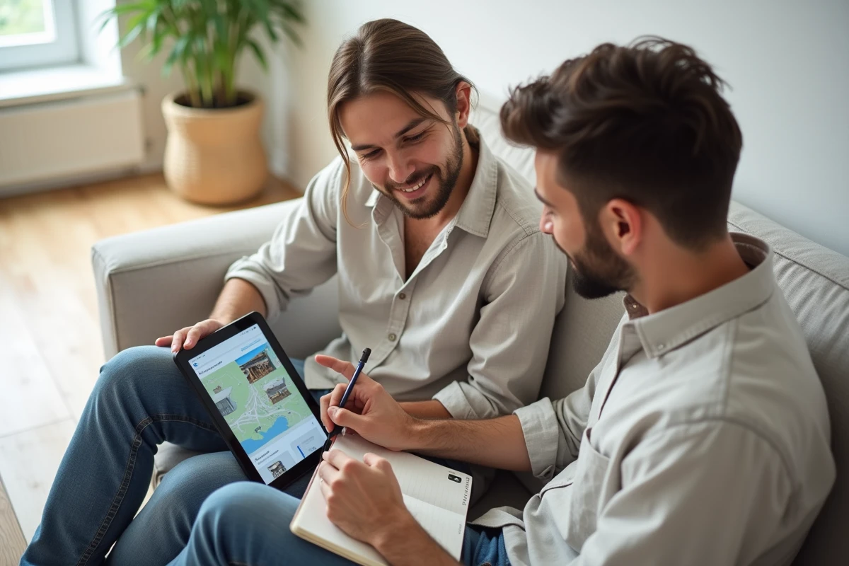Couple réservant une location de vacances en ligne sur une tablette dans un salon moderne