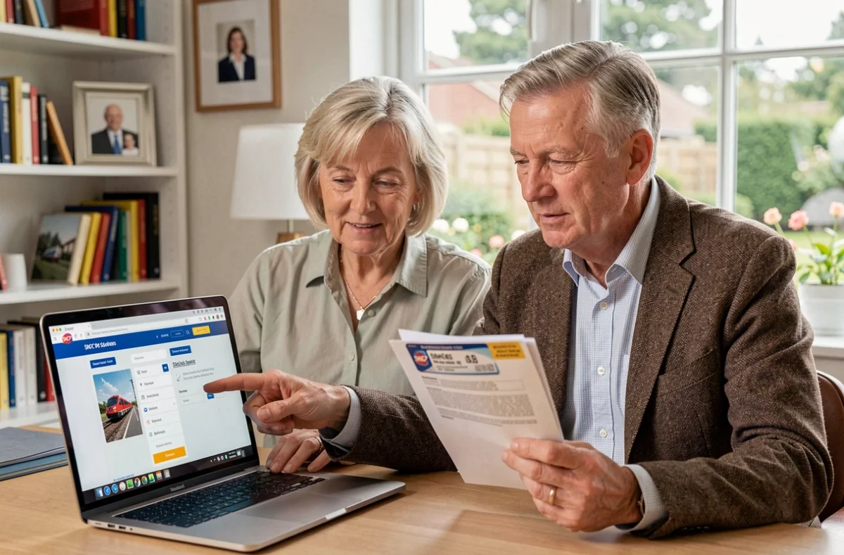 Couple de retraités SNCF consultant le portail en ligne pour renouveler le pass Carmillon