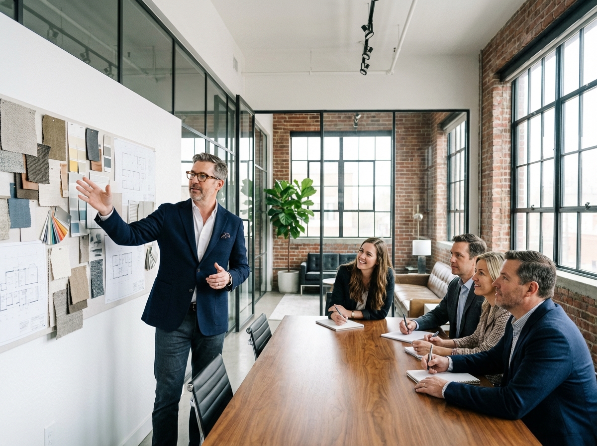 Designer d interieur expérimenté guidant un atelier avec des étudiants
