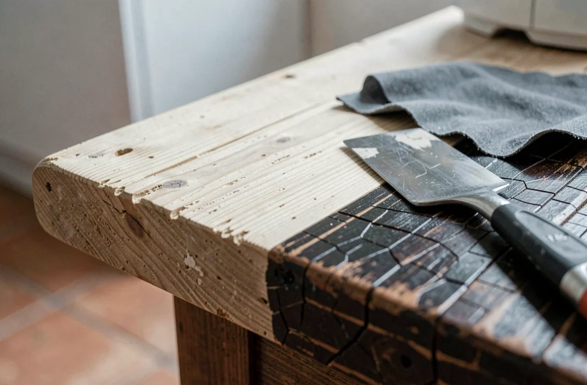 Détail d'une table en bois en cours de rénovation avec décapant et papier de verre