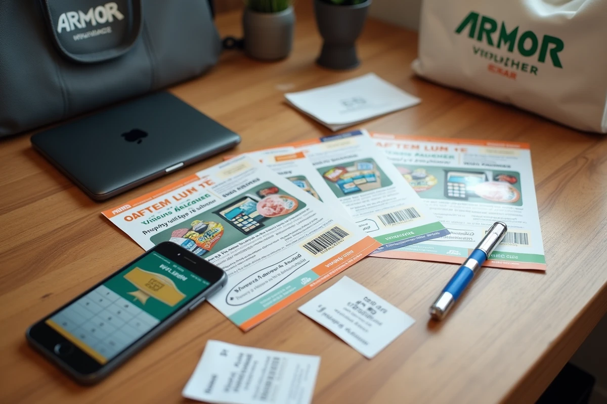 Vue rapprochée de vignettes Armor Lux Intermarché 2026 et d'un smartphone affichant des économies calculées sur un bureau