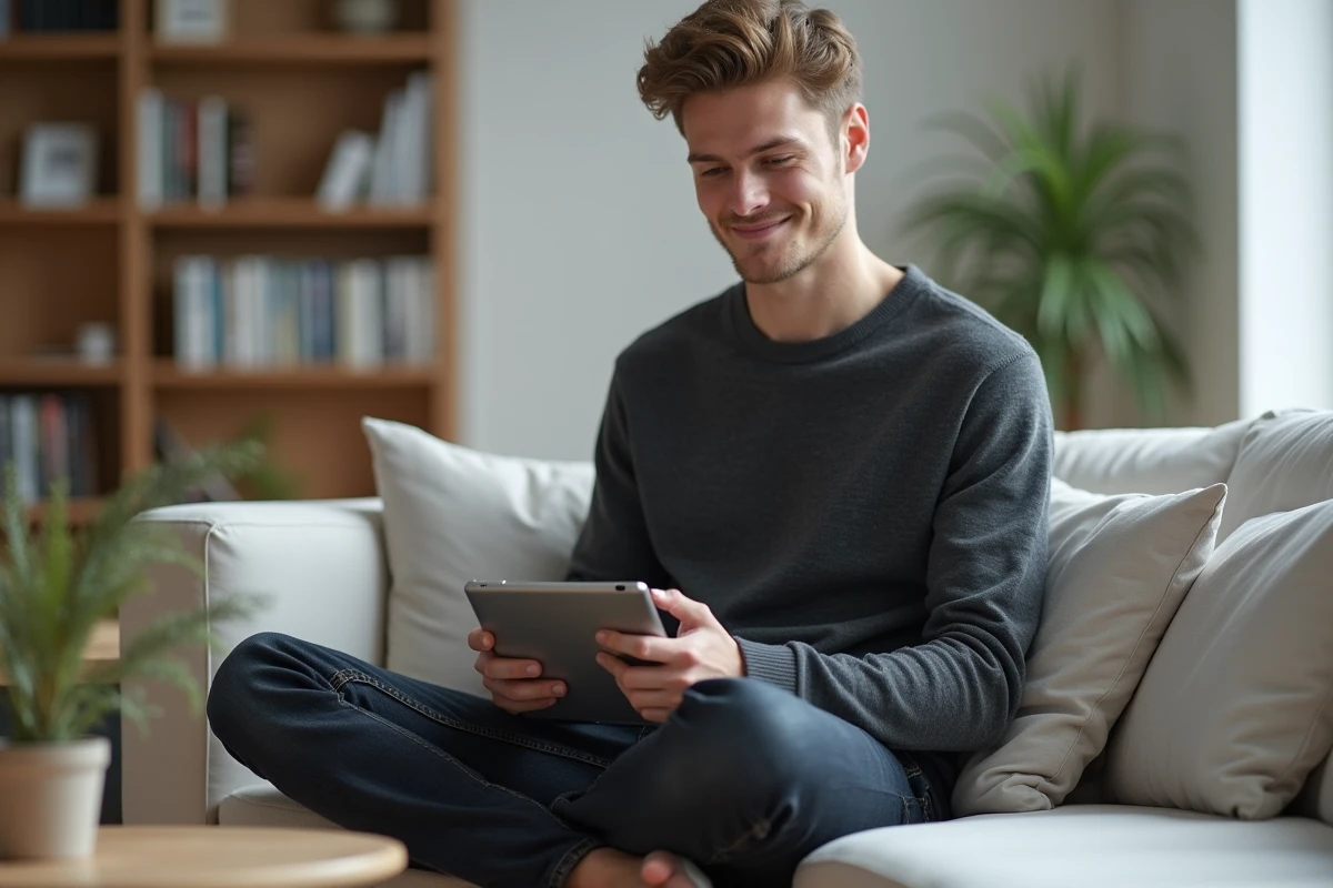 Étudiant utilisant une tablette pour se connecter à Blackboard ESCP Europe depuis son domicile