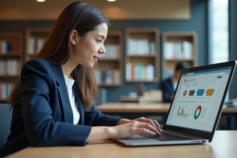 Étudiante de l'ESCP Europe accédant à Blackboard sur son ordinateur portable dans une salle d'étude moderne