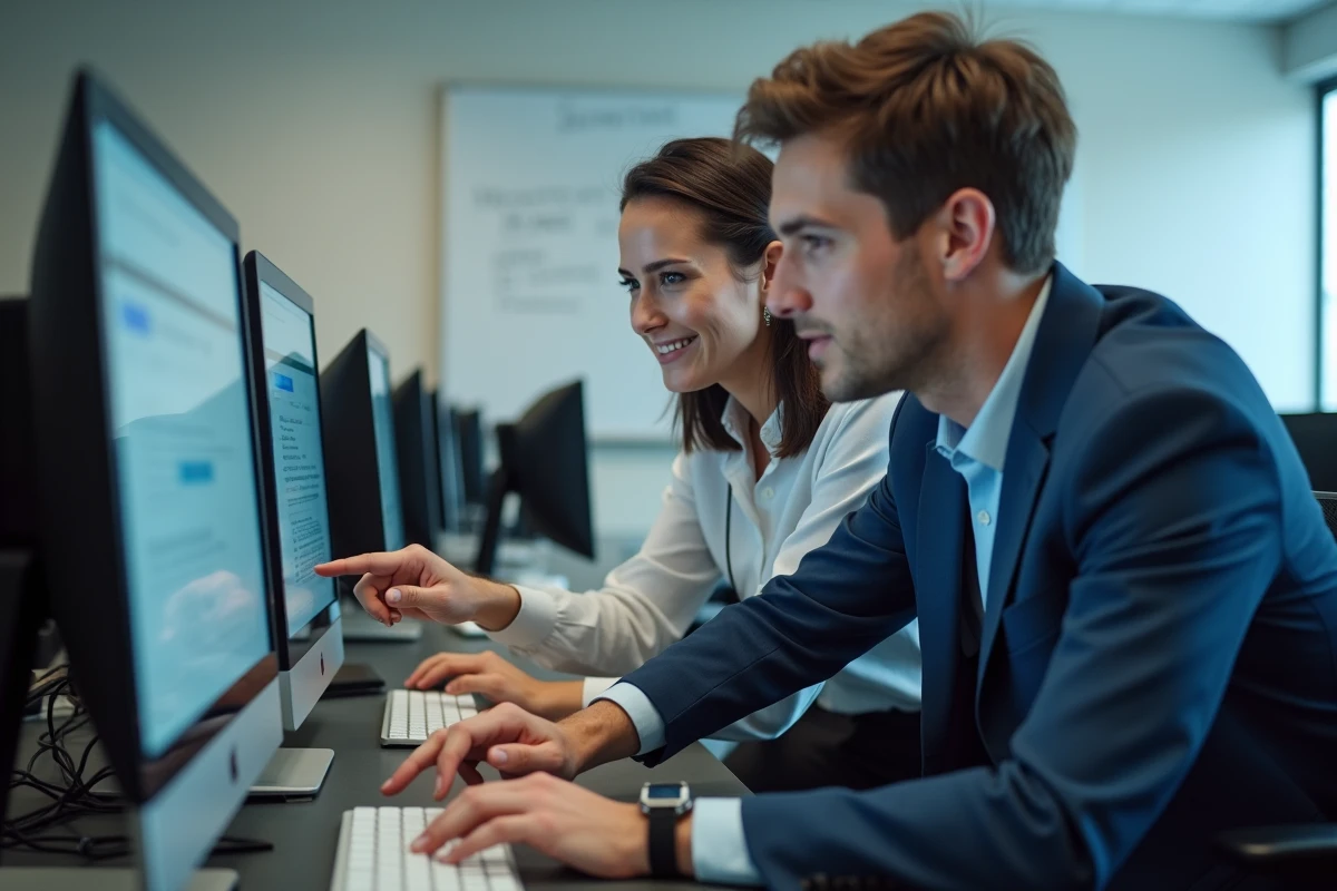 Deux étudiants ESCP Europe collaborant devant un ordinateur de salle informatique sur la plateforme Blackboard