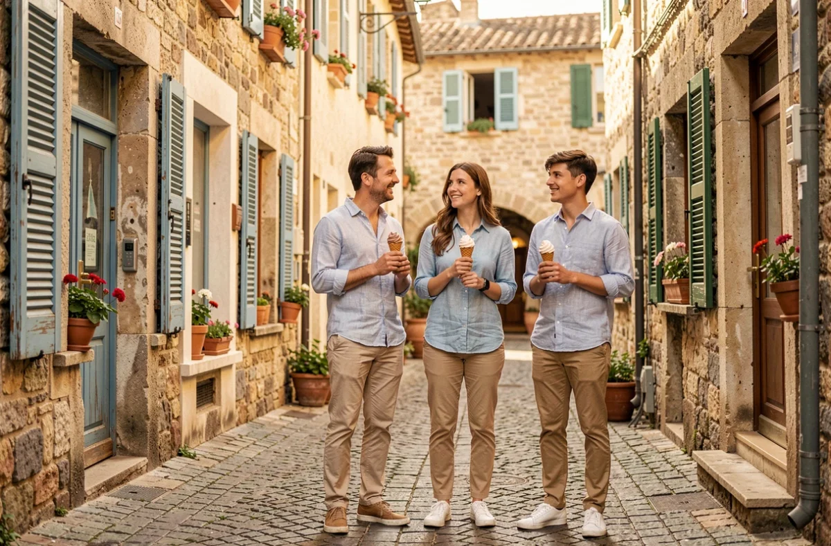 Famille dégustant des gelatos dans une ruelle pavée d'un village européen historique lors d'un voyage culturel