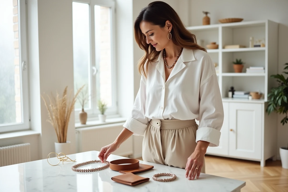 Femme arrangeant un assortiment d'accessoires de mode tendance sur une surface en marbre blanc dans un appartement scandinave