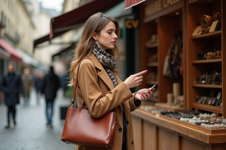 Jeune femme élégante portant un sac en cuir structuré et un foulard en soie dans un marché parisien en automne