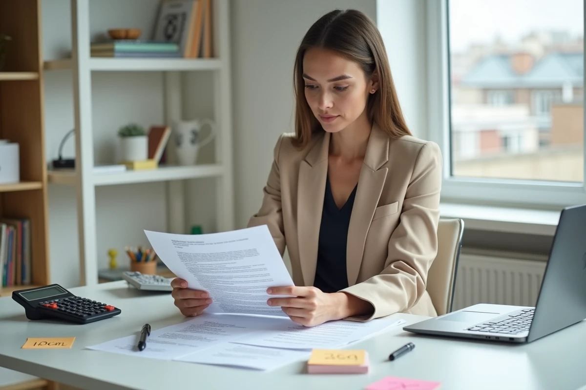 Une femme analyse seule les frais d'hypothèque d'un contrat immobilier dans un bureau à domicile