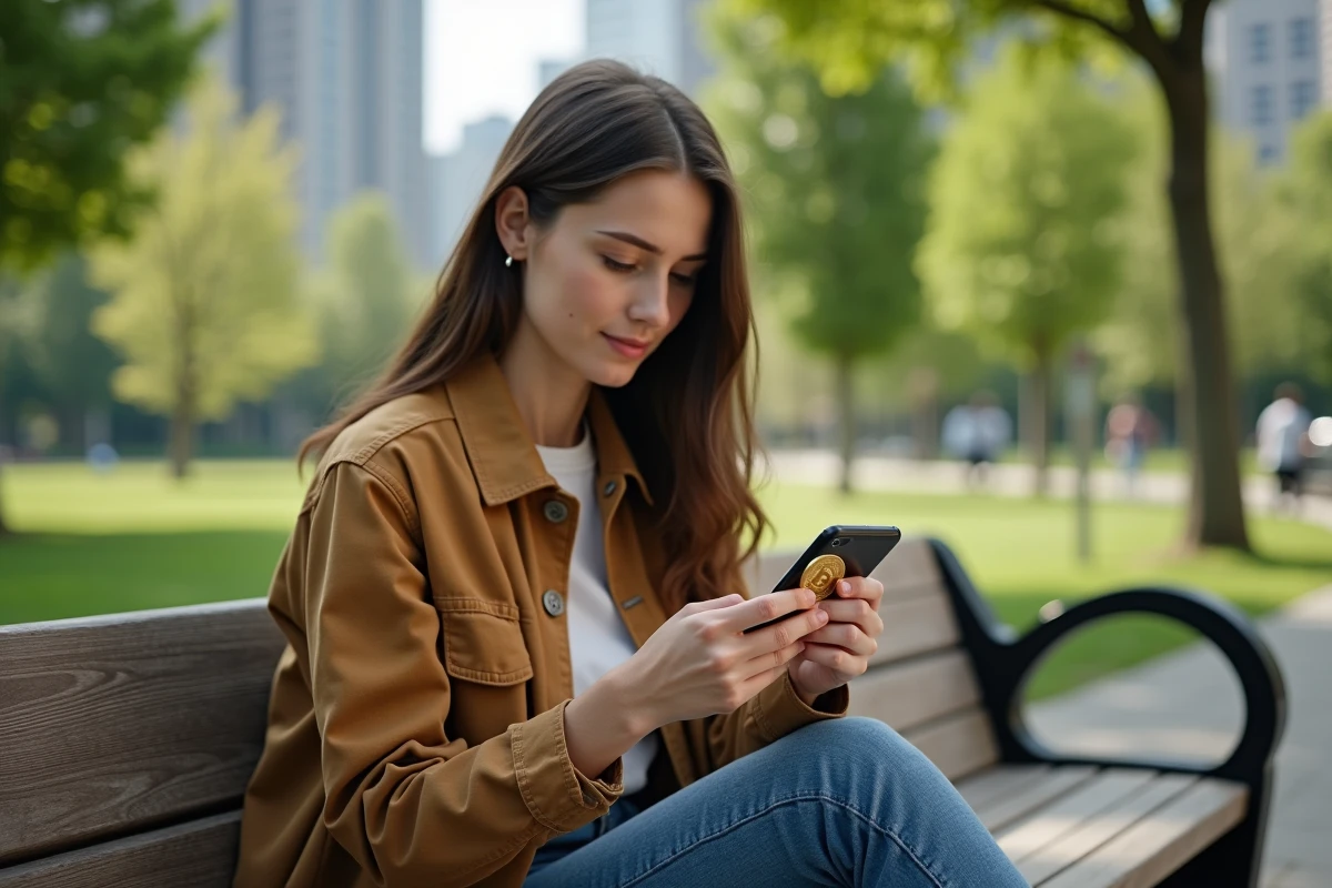 Jeune femme avec bitcoin et smartphone en plein air