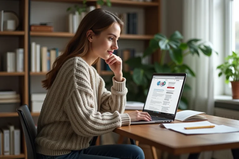 Jeune femme au bureau regardant son ordinateur portable