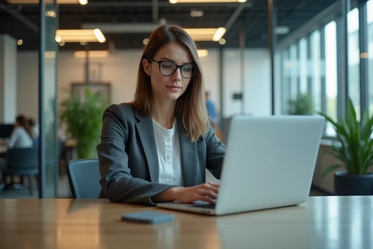 Femme concentrée travaillant sur un ordinateur dans un bureau moderne