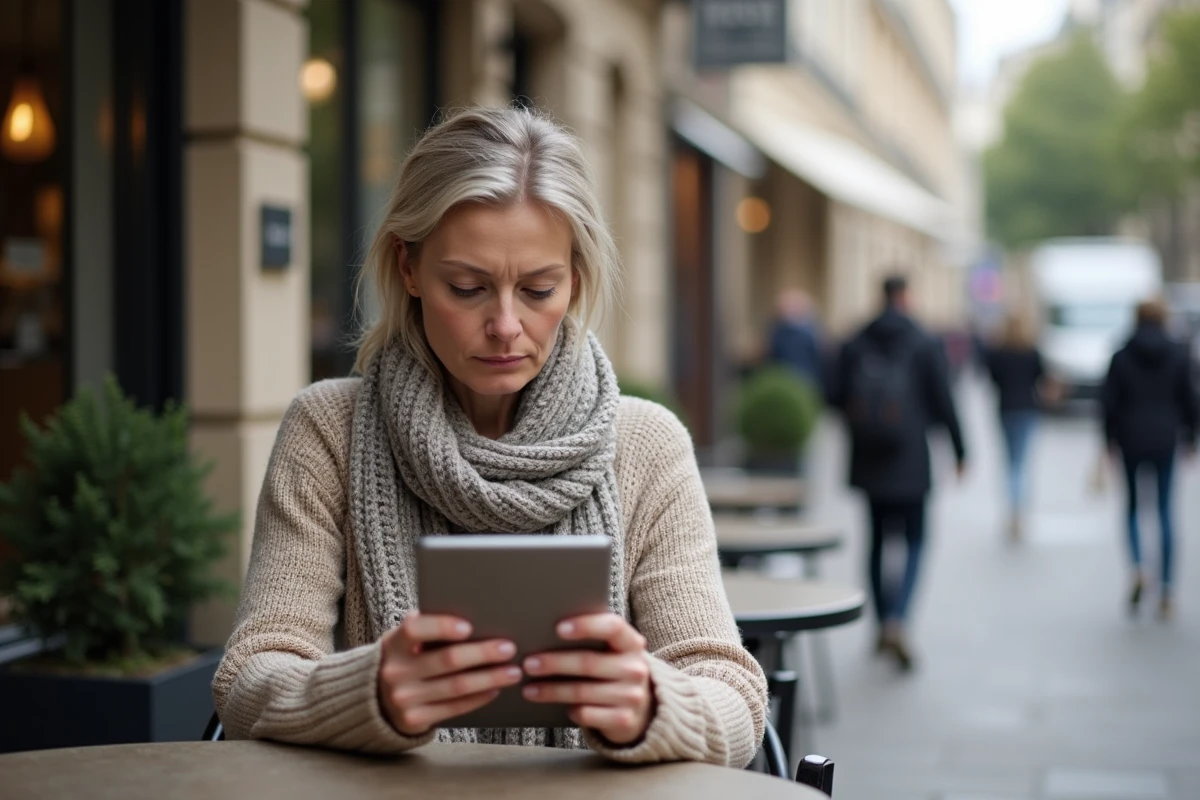 Femme assise au café parisien regardant une tablette