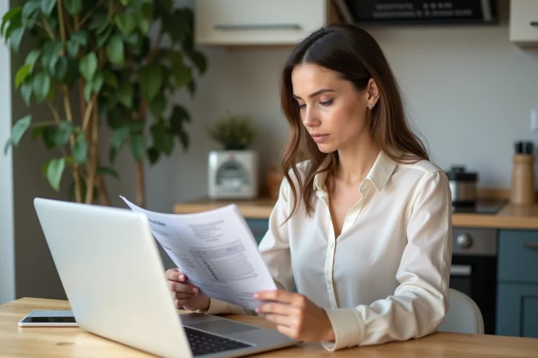 Femme réfléchissant à des offres de prêt immobilier à la maison