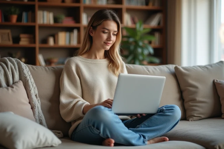 Femme détendue avec ordinateur dans un salon cosy