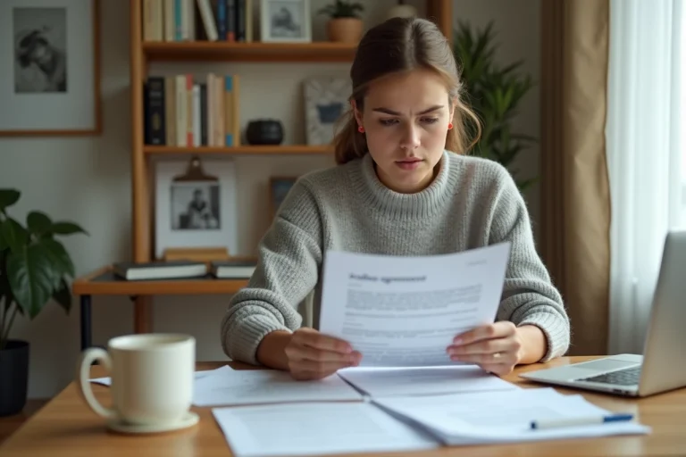 Jeune femme qui examine des documents de garantie Visale à son bureau à domicile