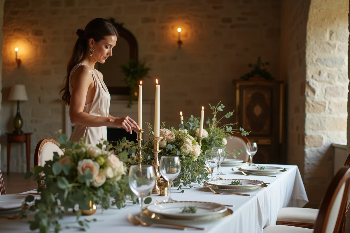 Femme élégante dans une salle à manger d'un manoir pierre lors d'une réception intime, illustrant un mariage ou une célébration privée de personnalité publique