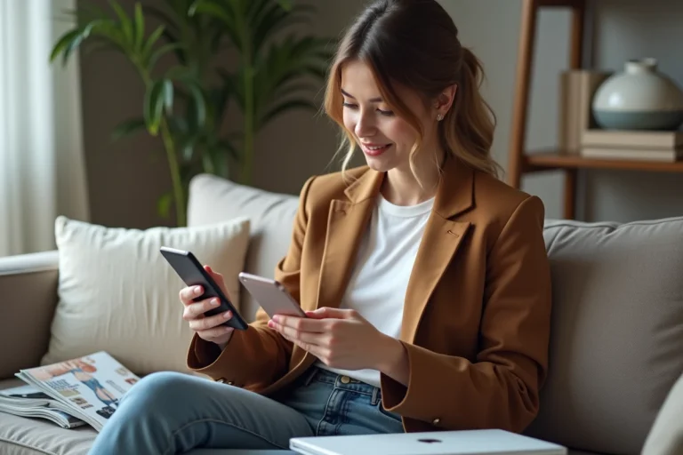 Femme moderne comparant deux blazers tendance dans son salon