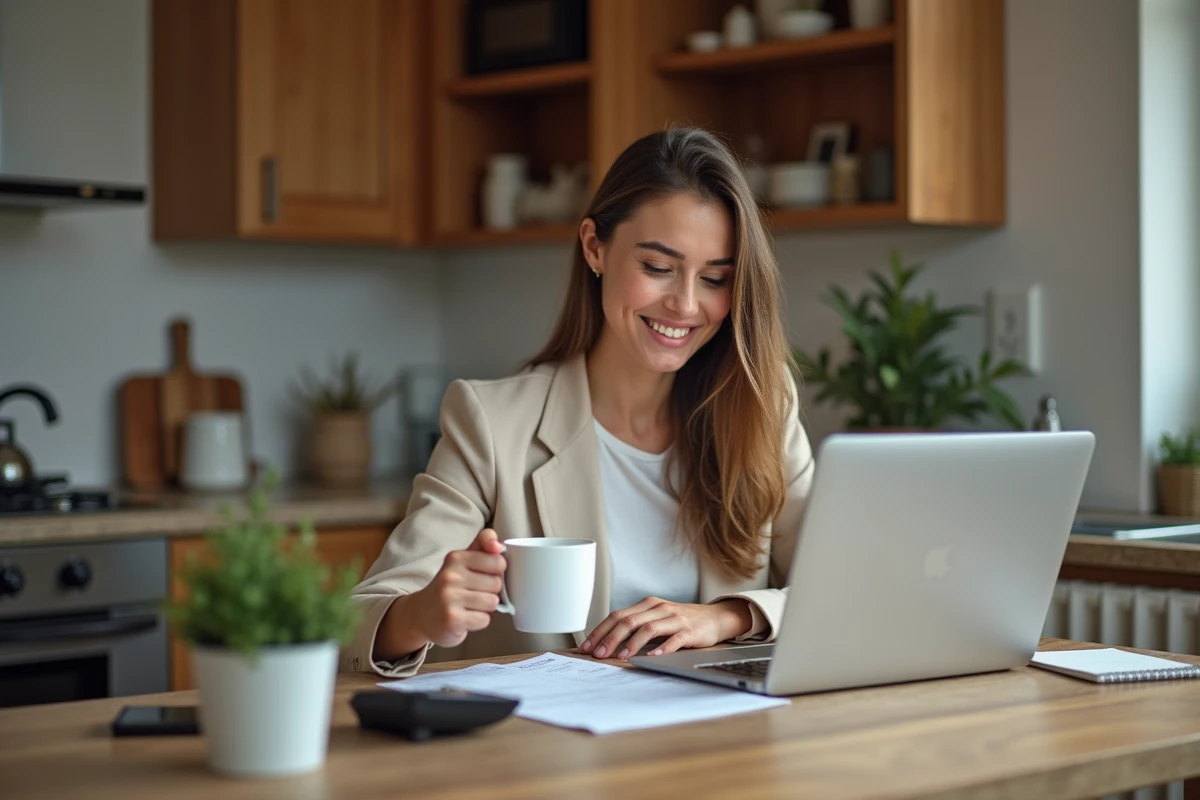 Jeune femme en cuisine analysant des chiffres avec un ordinateur portable