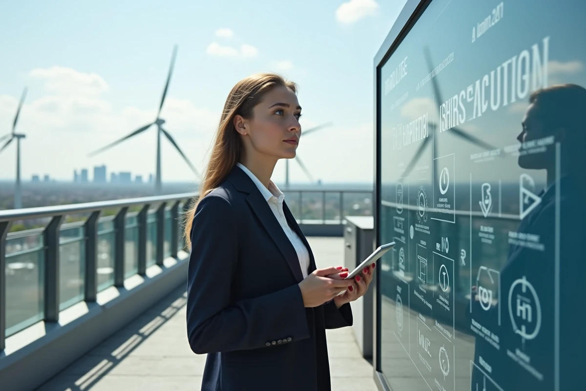 Jeune femme sur toit avec infrastructure hydrogene et crypto