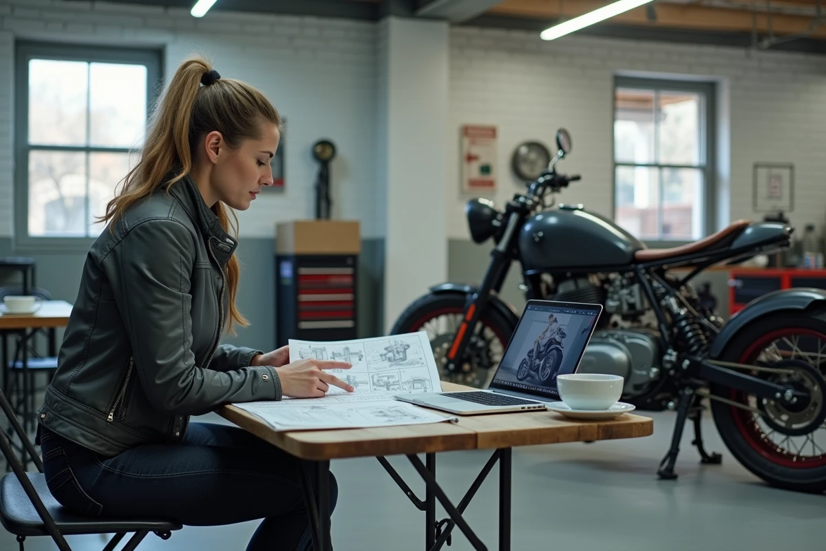 Femme motarde étudiant un guide technique de conversion moto en trike dans un garage domestique