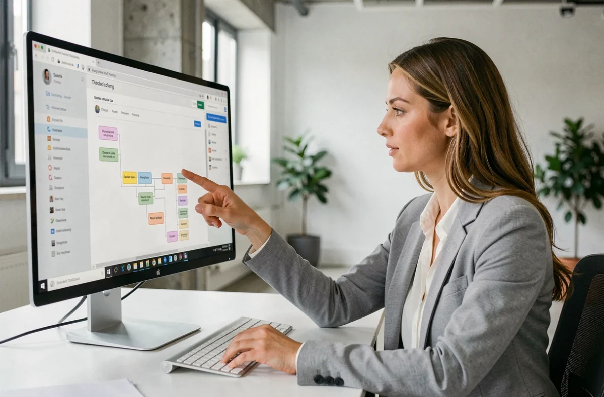 Femme consultant un plan de site détaillé sur un grand écran d'ordinateur dans un bureau moderne