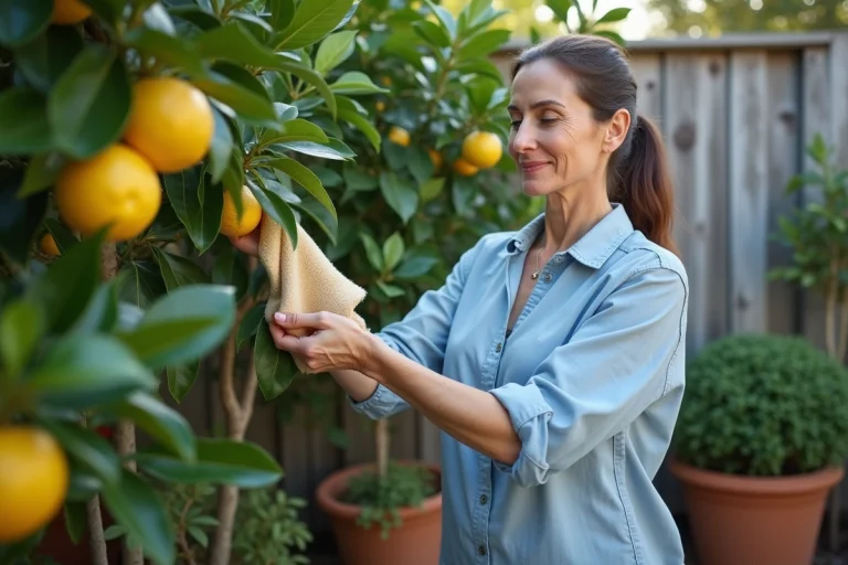 Femme nettoie les feuilles d'un citronnier extérieur