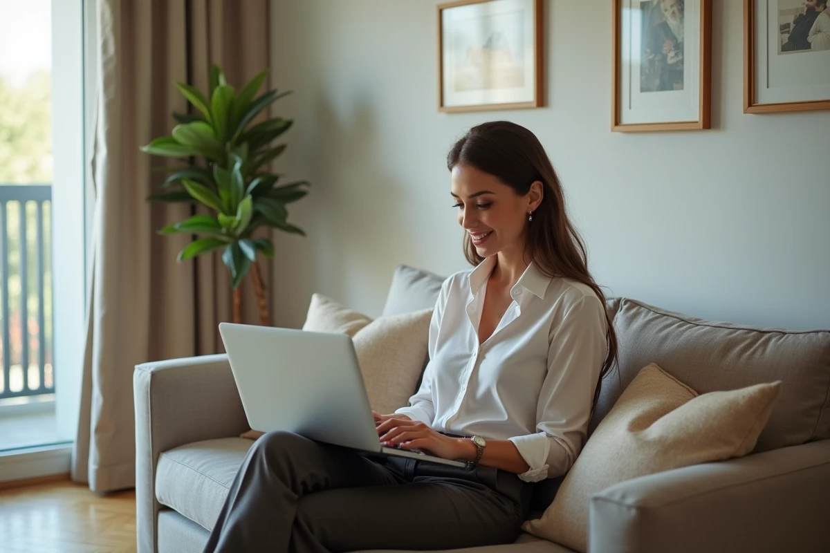 Jeune femme au travail sur son ordinateur dans un salon cosy