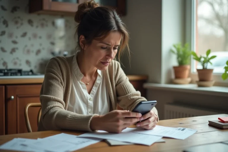 Femme préoccupée vérifiant son smartphone à la cuisine
