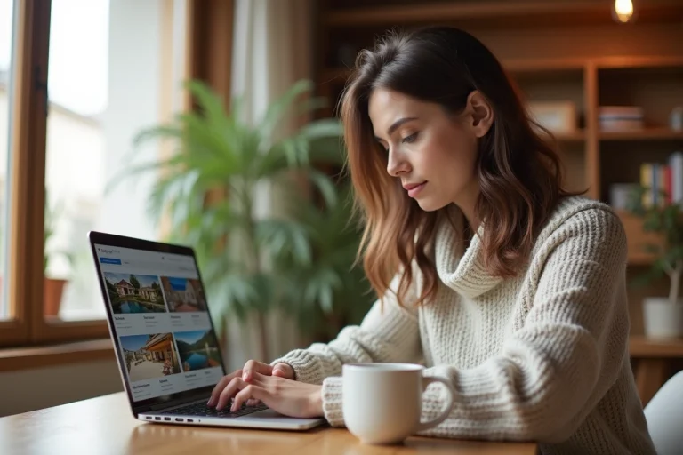Femme cherchant une location de maison en ligne sur son ordinateur portable dans une cuisine chaleureuse