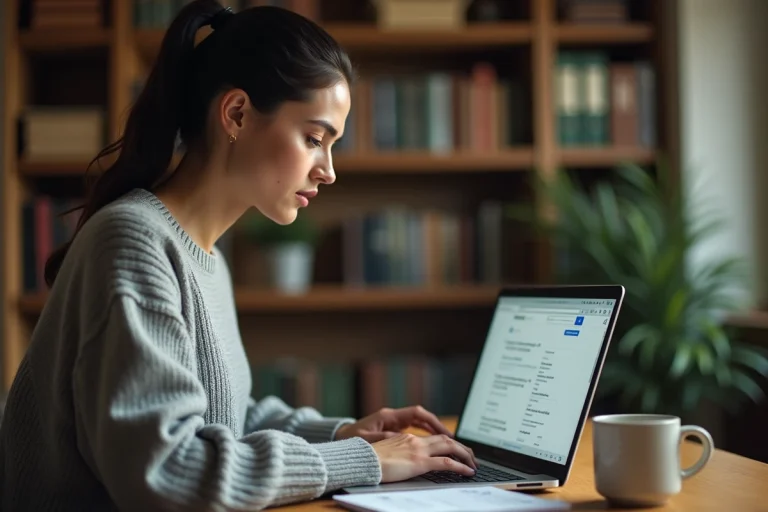 Femme consultant des informations d'adresse sur un ordinateur portable pour retrouver le nom d'une personne