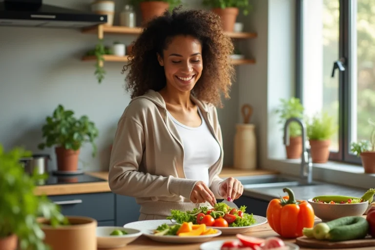 Femme en cuisine préparant une salade colorée et saine
