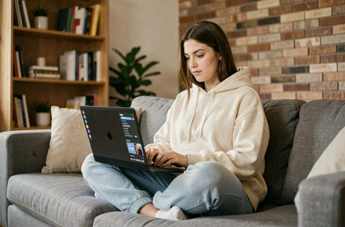 Jeune femme regardant des films en streaming sur son ordinateur portable depuis son canapé à la maison